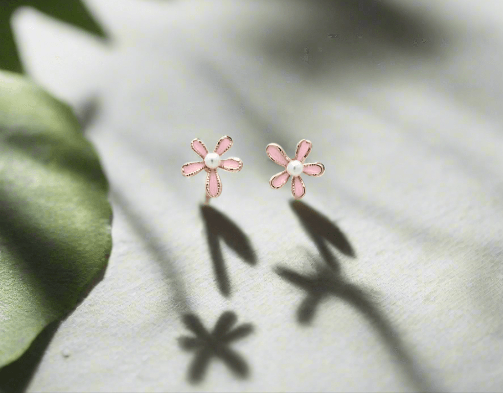 Pink Flower and Pearl Mini Stud Earrings - Mirae