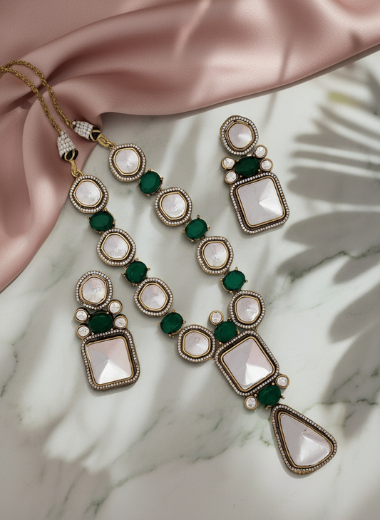 GOLD PLATED ROYAL MOISSANITE & GREEN STONE NECKLACE SET