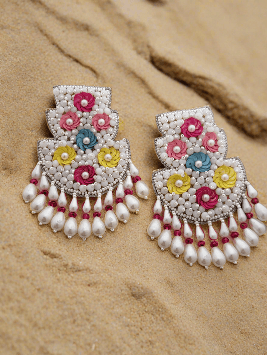 Beaded Chandbali Earrings with Floral Accents and Pearl Drops - Mirae