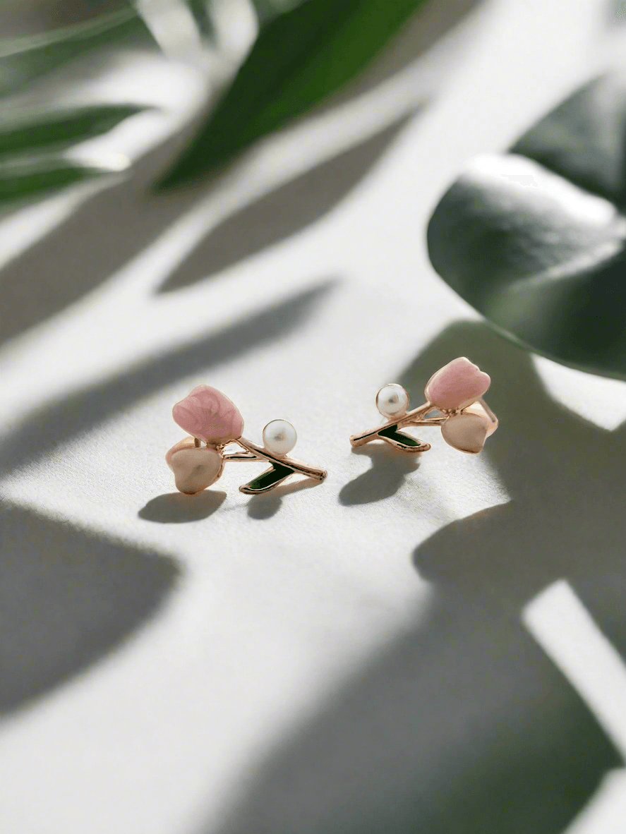 Pink Tulip and Pearl Mini Stud Earrings - Mirae