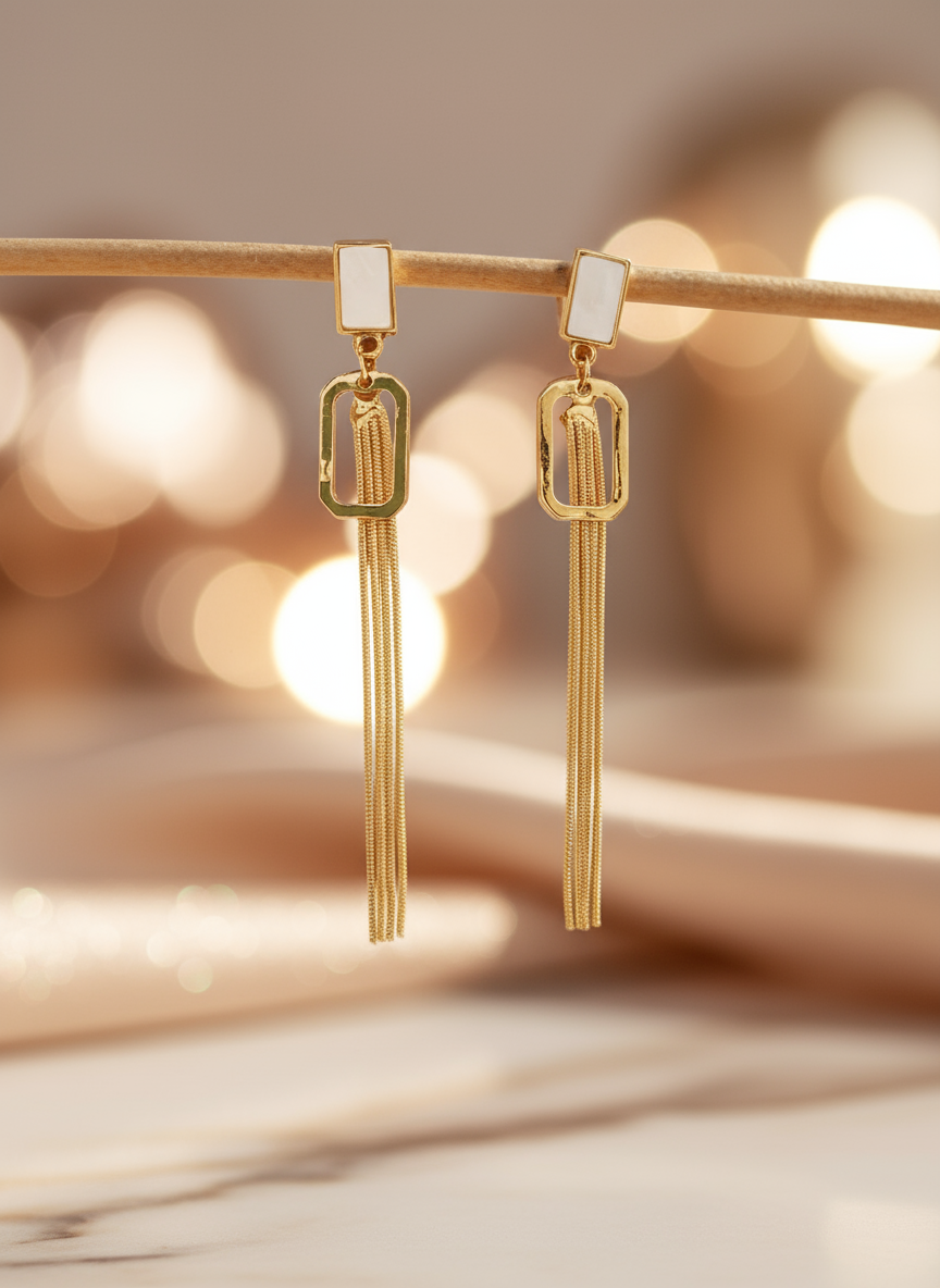 Modern Rectangular white stone & Chain Tassel Earrings