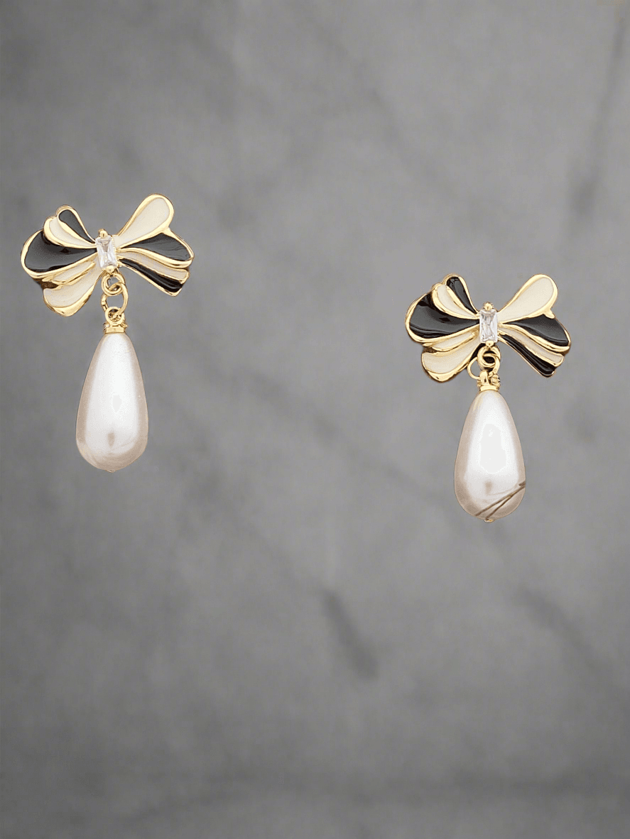 Bow earring with drop pearl in gold finish - Mirae