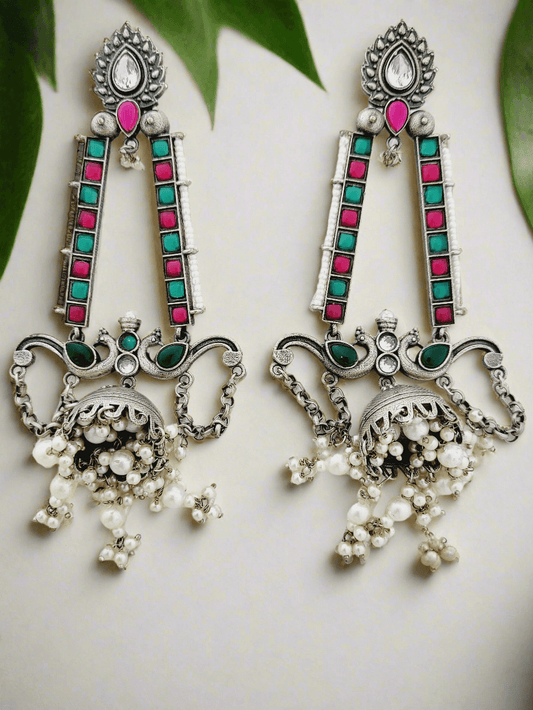Oxidized Silver Jhumka Earrings with Enamel and Pearl Drops - Mirae