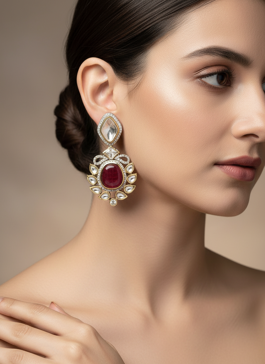 ANTIQUE GOLD PLATED WITH RED CRYSTAL STUDDED DROP EARRINGS