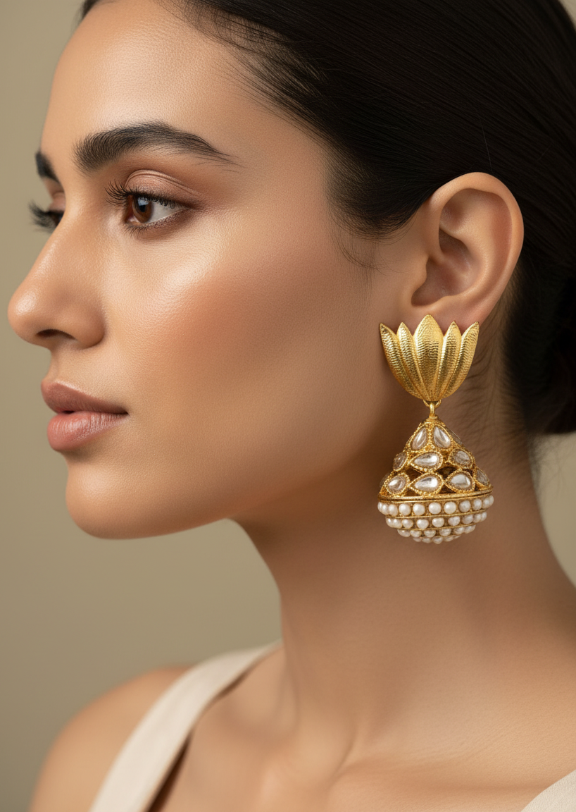 Golden Lotus Pearl Dome Earrings.