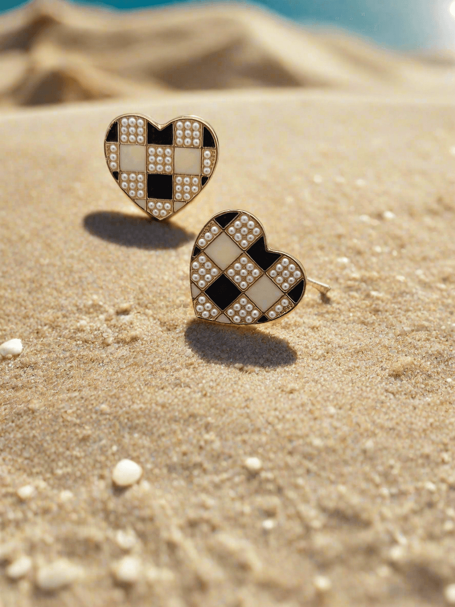 Chic Checkerboard Heart Stud Earrings – Black, White & Pearl Detailing - Mirae