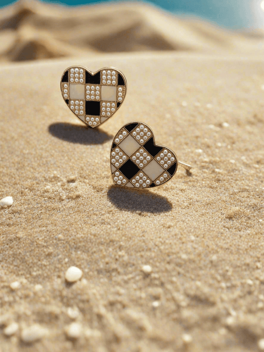 Chic Checkerboard Heart Stud Earrings – Black, White & Pearl Detailing - Mirae