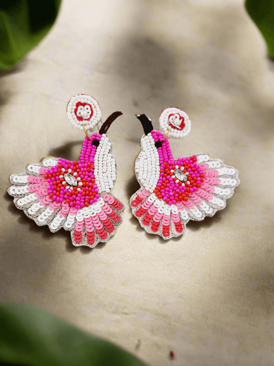 Pink & White Hummingbird Beaded Drop Earrings - Mirae