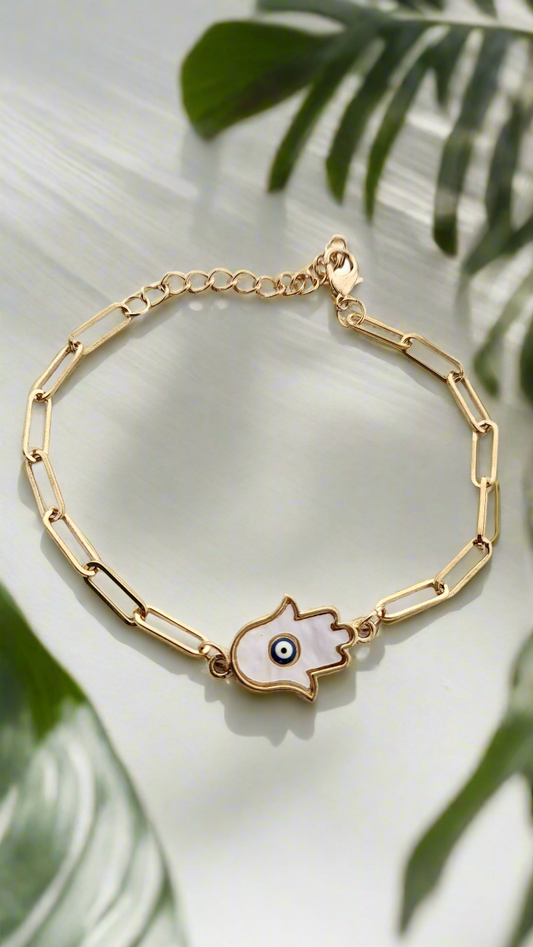 Anti tarnish Hamsa hand evil eye bracelet in gold finish