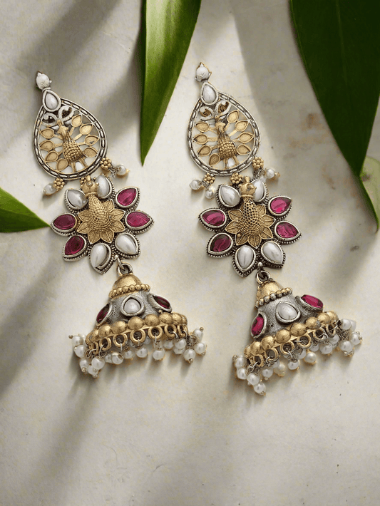 Oxidized Peacock motif long earrings - Mirae