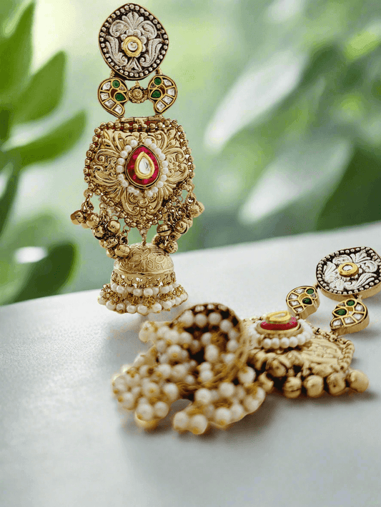 Antique Gold Plated Jhumka Earrings with Enamel and Pearl Drops - Mirae