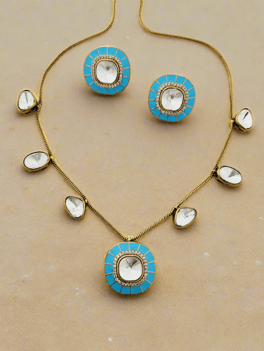 Turquoise Enamel and Polki Necklace Set - Mirae