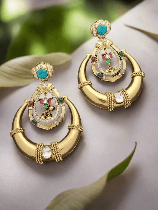 Gold-Toned Hoop Earrings with Turquoise and Multicolored Stone Accents - Mirae