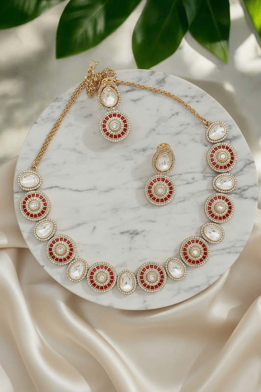 REGAL GOLD PLATED SET WITH RED ENAMEL AND MOISSANITE CRYSTAL