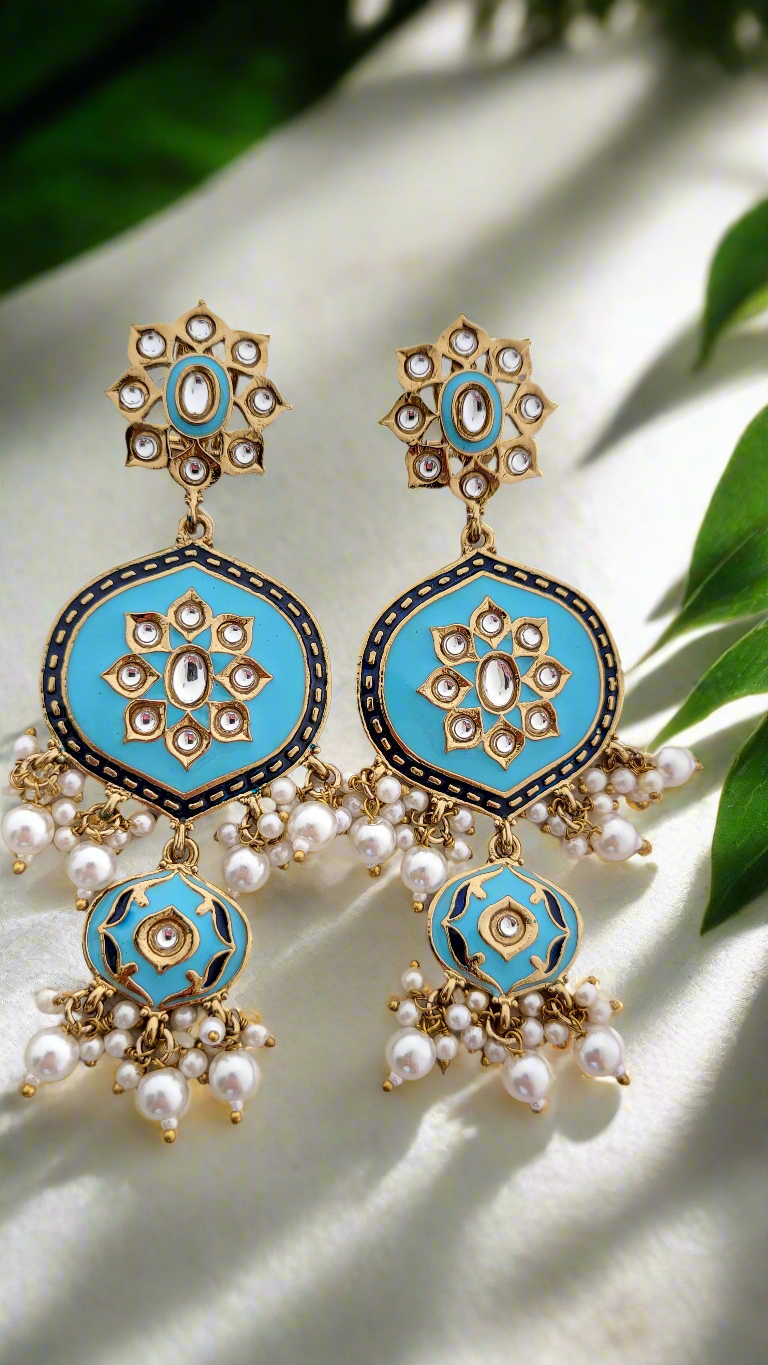 Turquoise Enamel Kundan Pearl Chandbali Earrings