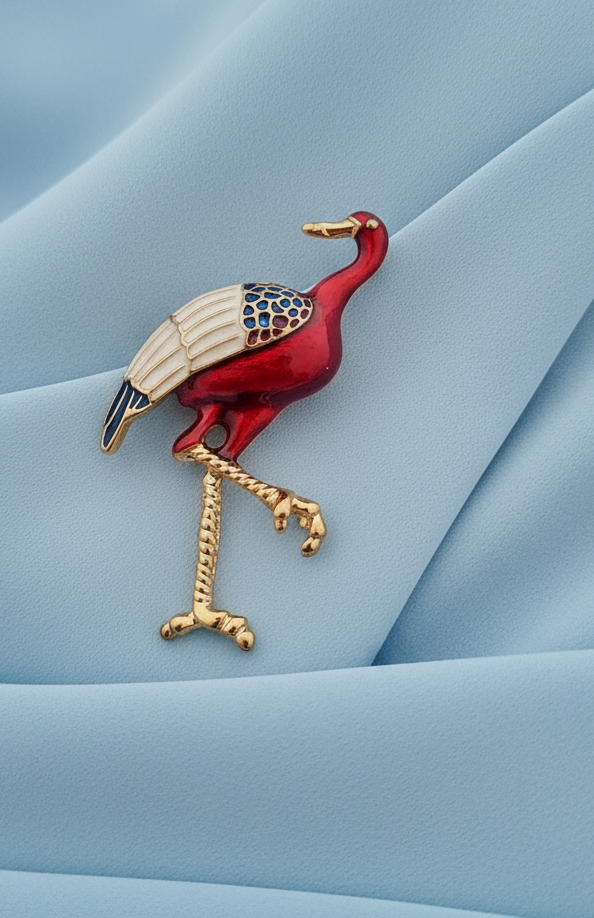 Ruby Red Enamel Bird Brooch Pin