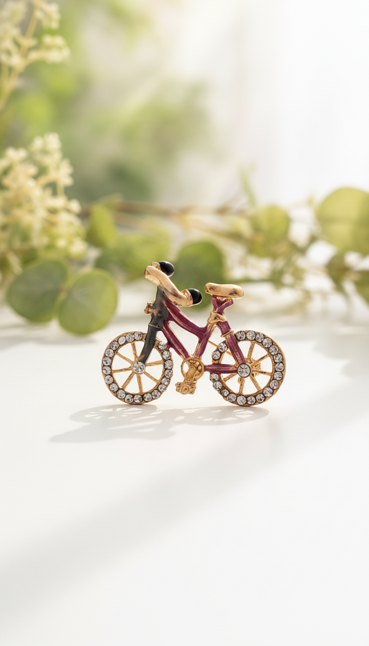 Chic Plum Enamel Bike Pin with Rhinestone Wheels