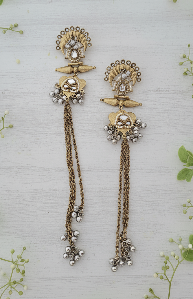 Grand Antique Gold Polki & Ghungroo Chain Drop Earrings