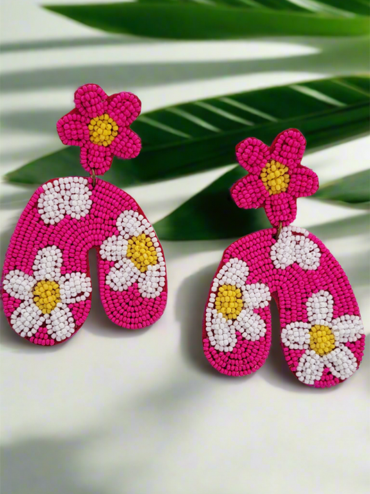 Neon Pink Floral Beaded Dangle Earrings