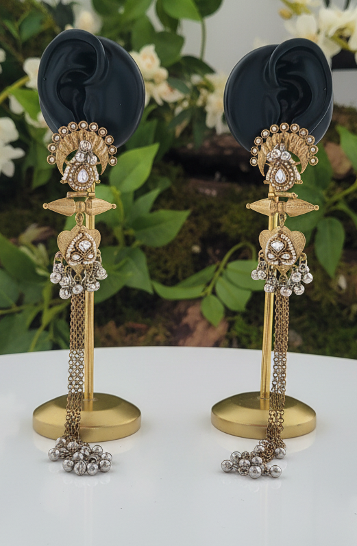 Grand Antique Gold Polki & Ghungroo Chain Drop Earrings