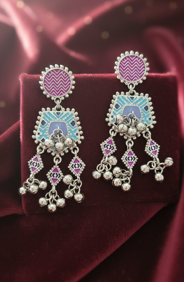 Artisan Chevron & Peacock Enamel Chandelier Earrings