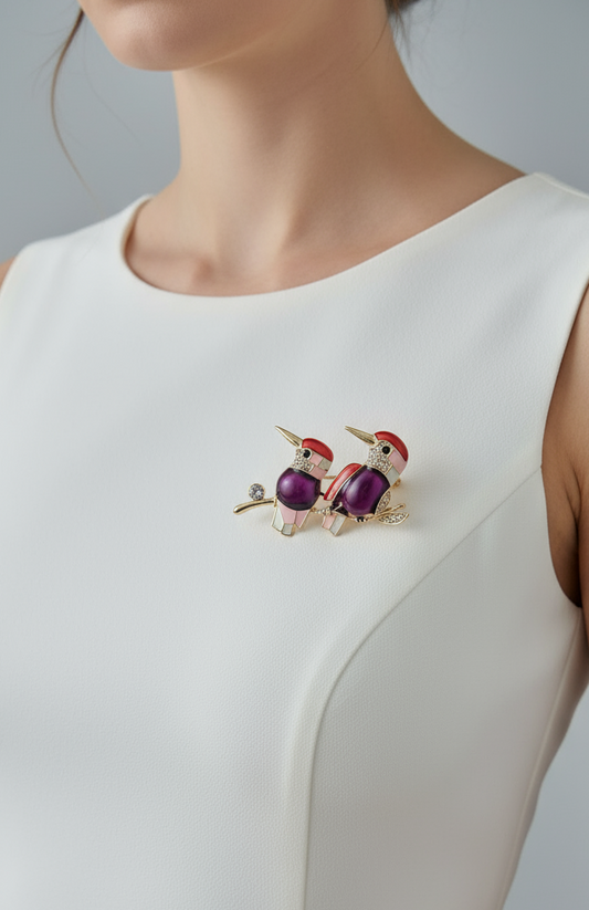 Jeweled Ruby & Pink Enamel Bird Duo Brooch