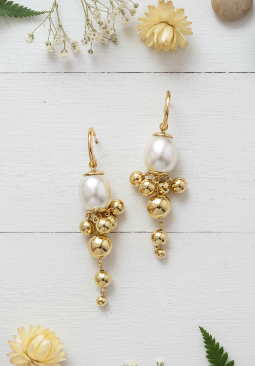 Luminous Pearl & Gold Orb Drop Earrings