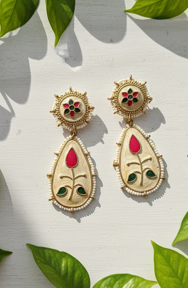 Mughal Lotus Enamel & Pearl Drop Earrings