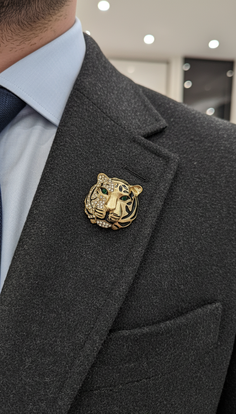 Majestic Crystal & Enamel Tiger Head Brooch