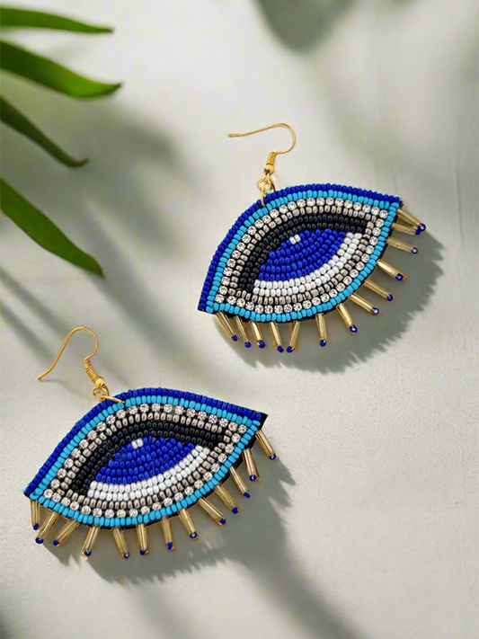 Evil Eye Beaded Dangle Earrings with Gold Spikes