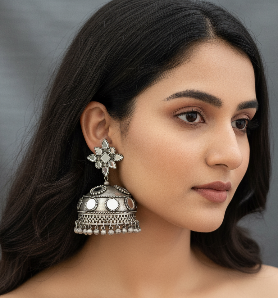 Oxidized extra large Jhumkha with mirror detail earrings