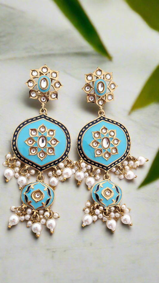 Turquoise Enamel Kundan Pearl Chandbali Earrings