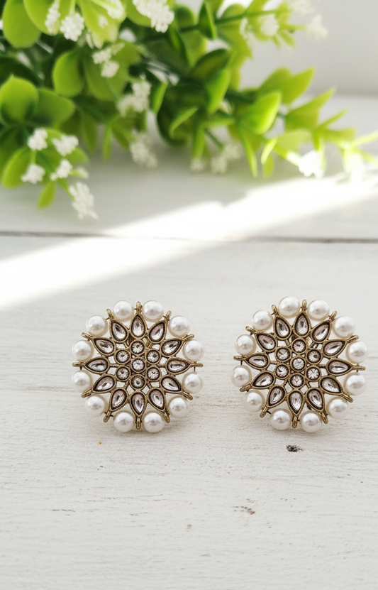 Floral Polki Stone & Pearl Stud Earrings