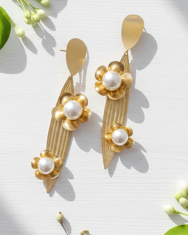 Gold Leaf and Floral Pearl Drop Earrings