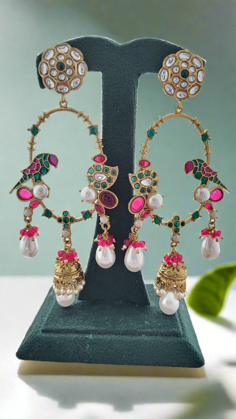 Regal Polki & Meenakari Chandelier Pearl Earrings