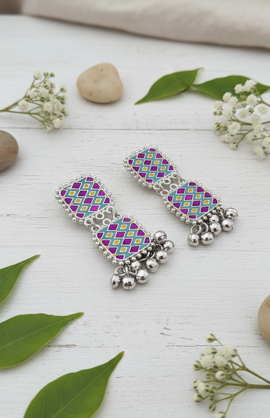 Oxidized Silver & Pink-Teal Meenakari Jhumki Drops
