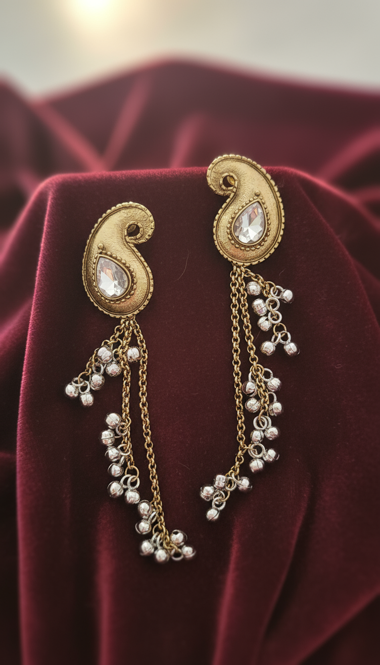 Antique Gold Paisley & Mixed Metal Ghungroo Chain Earrings