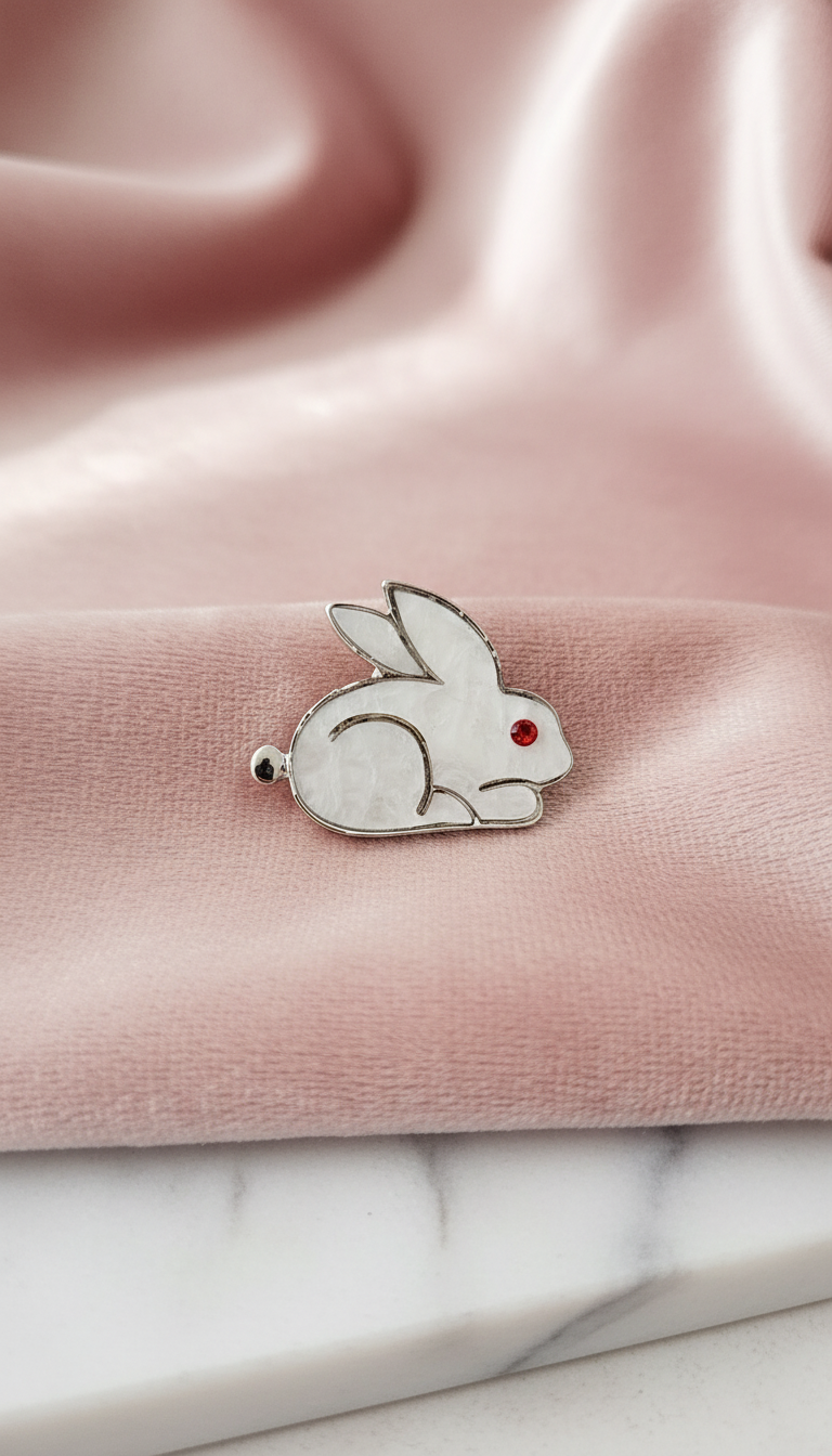 Sleek White Enamel Rabbit Pin with Ruby Eye