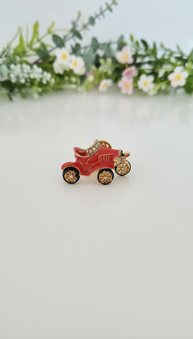 Whimsical Red Antique Car Brooch