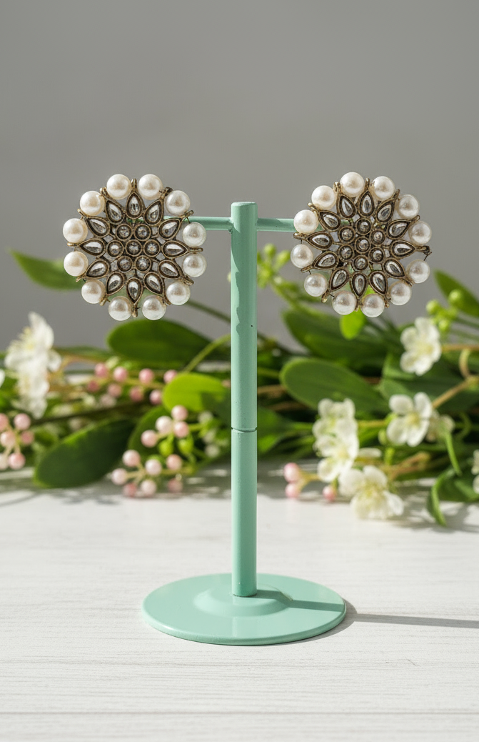 Floral Polki Stone & Pearl Stud Earrings