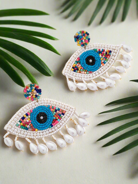 Evil Eye Beaded Dangle Earrings with Pearl Drops