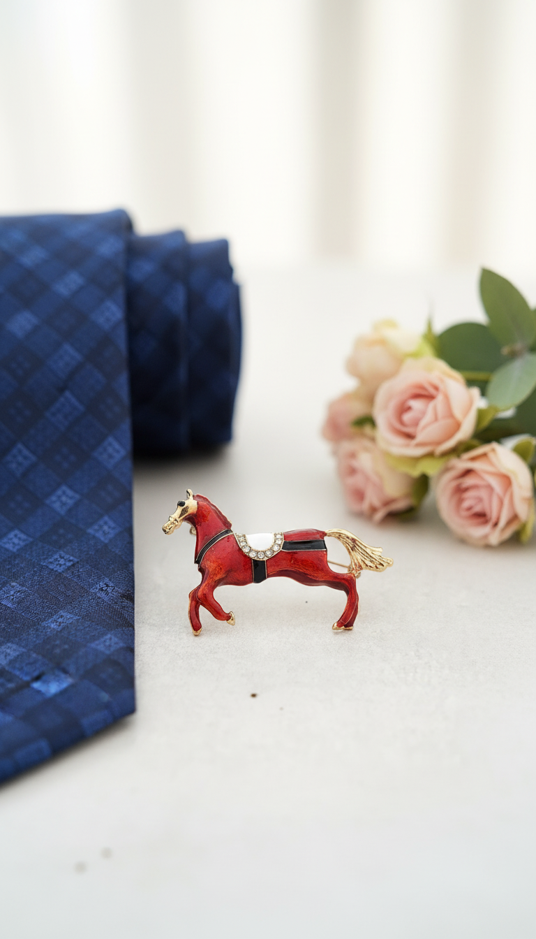 Gold-Tone Equestrian Brooch with Crystal Saddle