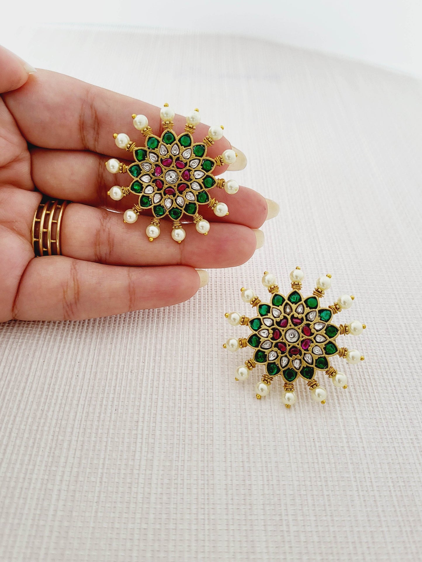 Polki-Style Floral Pearl Stud Earrings - Mirae