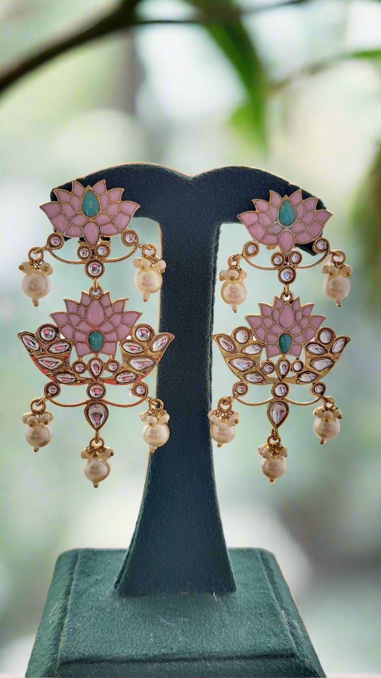 Pink Lotus Kundan Pearl Drop Earrings