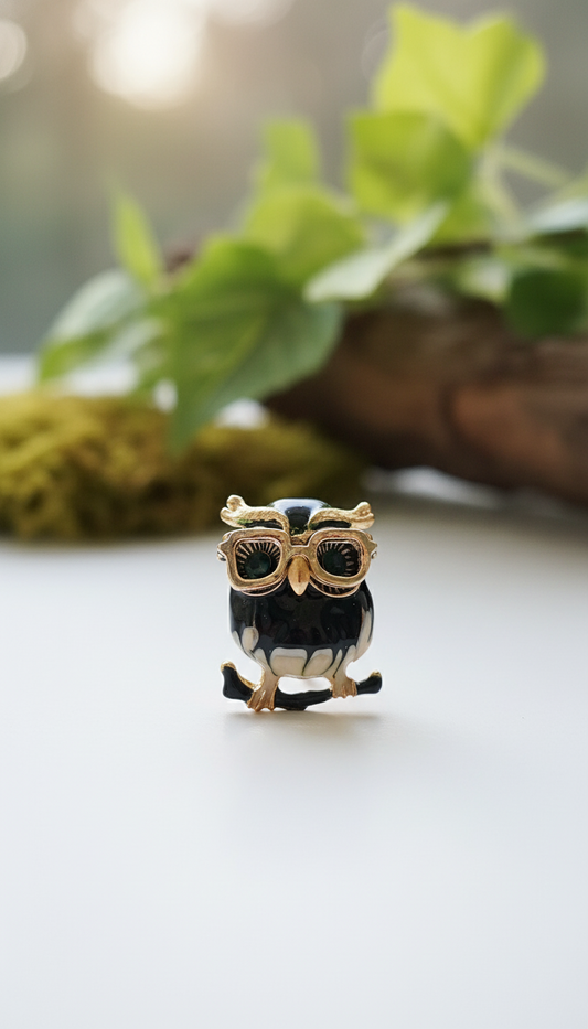 "Wise Owl" Enamel & Crystal Glasses Brooch