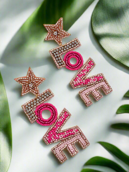 "LOVE" Star Beaded Dangle Earrings.