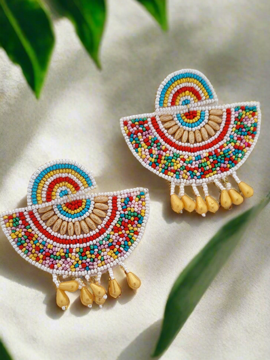 Colorful Handmade Beaded Fan Earrings with Yellow Drop Beads