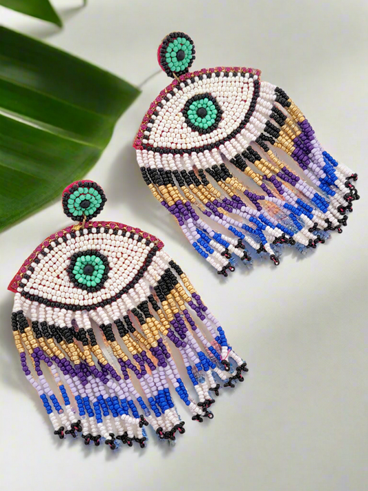 Evil Eye Beaded Dangle Earrings with Fringe