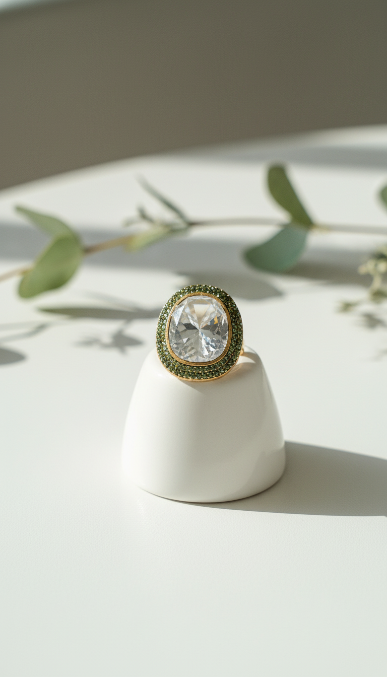 Emerald Green Accented Clear Stone Ring
