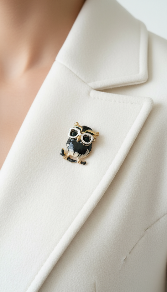 "Wise Owl" Enamel & Crystal Glasses Brooch